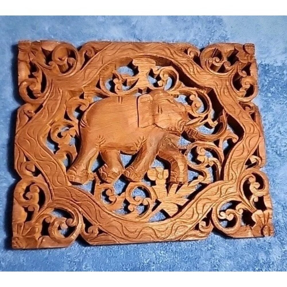 VTG Handcarved Wood 12" Elephant Wall Hanging Thai Flower Pattern Trunk Up